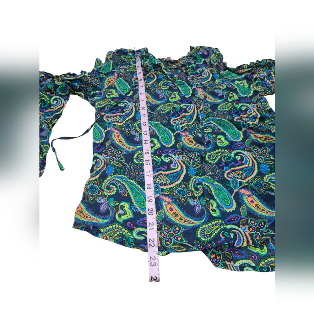 WILLOW DRIVE SHIRT WOMENS OVERSIZED XS GREEN PAISLEY COLD SHOULDER BLOUSE TOP - Picture 7 of 12